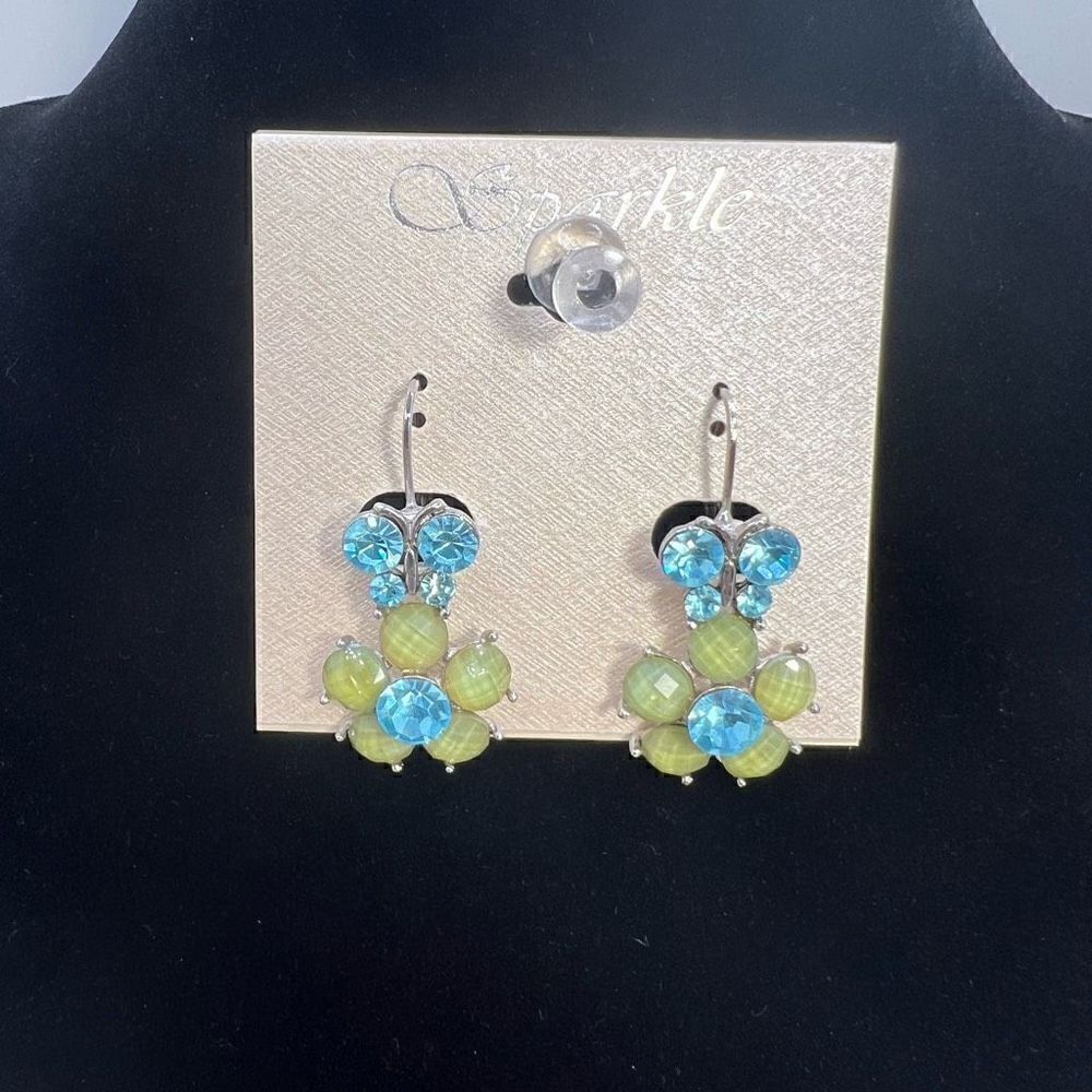 Earrings Flower Shaped Pierced Clip Silver Toned Blue Yellow Rhinestones